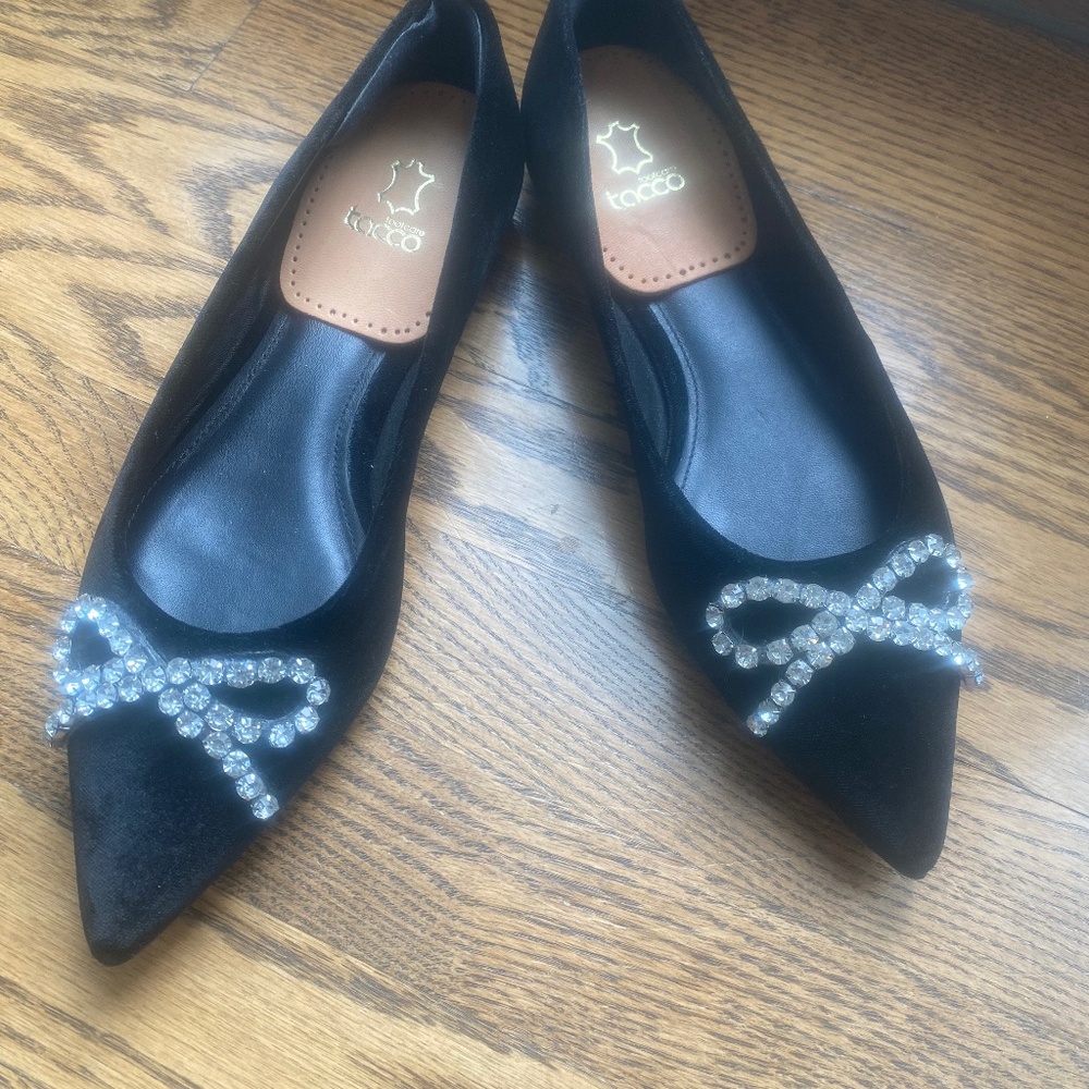 Larroude velvet rhinestone bow flat